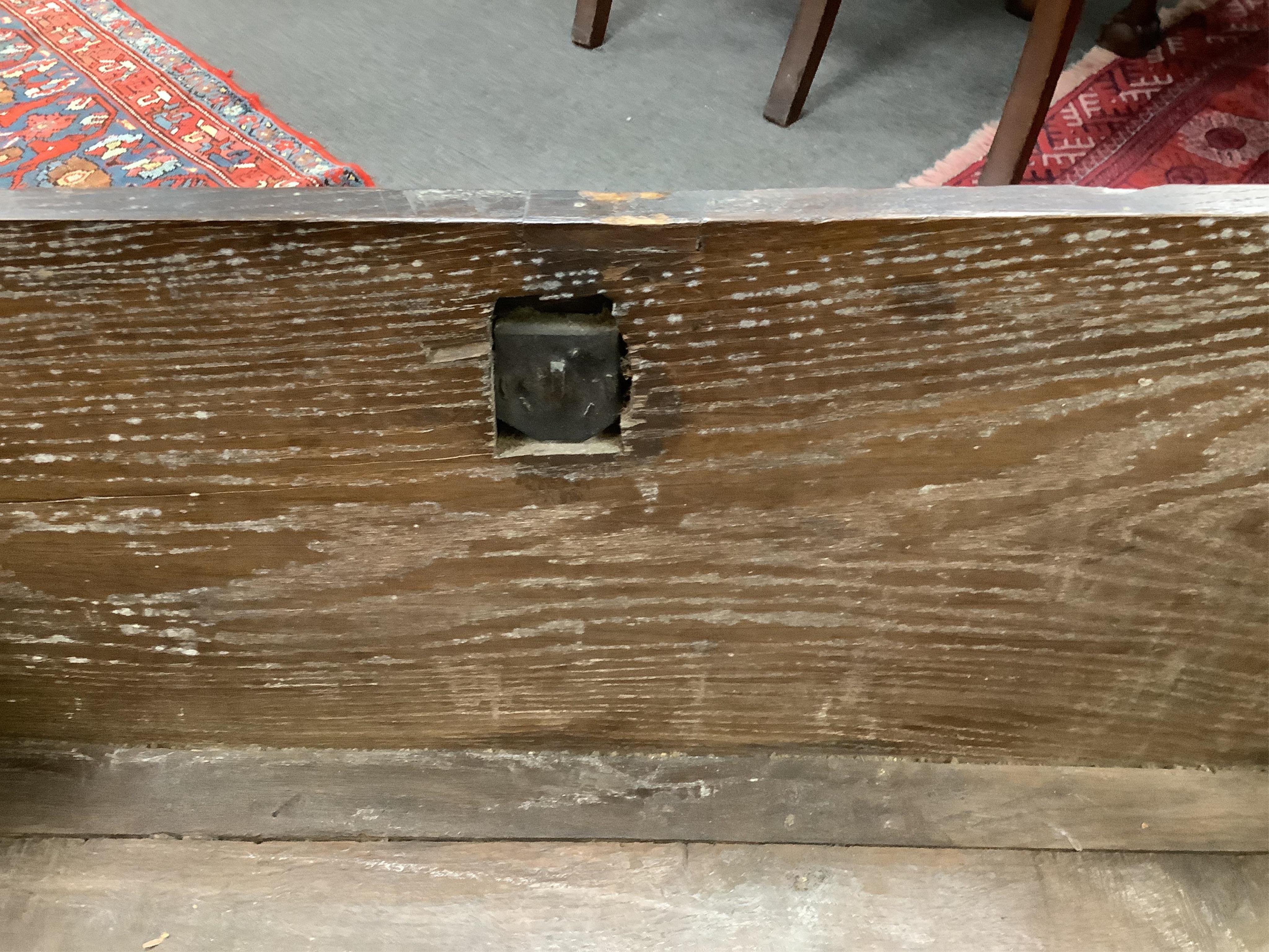 An 18th century oak six plank coffer, width 109cm, depth 37cm, height 61cm. Condition - fair